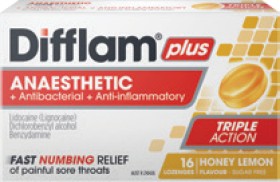 Difflam+Plus+Anaesthetic+%2B+Antibacterial+%2B+Anti-inflammatory+Sugar+Free+Honey+Lemon+16+Lozenges