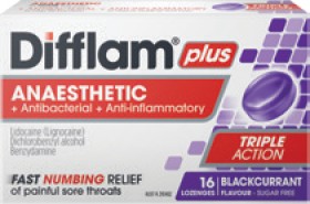 Difflam-Plus-Anaesthetic-Antibacterial-Anti-inflammatory-Sugar-Free-Blackcurrant-16-Lozenges on sale