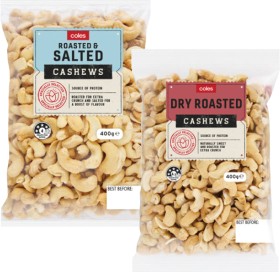 Coles+Dry+Roasted%2C+Honey%2C+Natural+or+Roasted+%26amp%3B+Salted+Cashews+400g+Pack