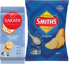 Sakata-Rice-Crackers-8090g-Smiths-Crinkle-Cut-Chips-or-Doritos-45g-Selected-Varieties on sale
