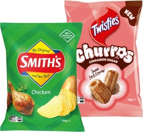Smith%26rsquo%3Bs+Crinkle+Cut+Chips+150%E2%80%91170g+or+Twisties+Churros+Cinnamon+Sugar+120g+Selected+Varieties