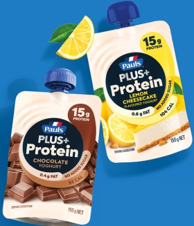NEW-Pauls-Plus-Protein-Yoghurt-Pouch-Lemon-Cheesecake-or-Chocolate-150g on sale