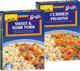 McCain-Griffs-Curried-Prawns-or-Sweet-Sour-Pork-with-Rice-Frozen-Meal-400g on sale