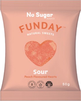 Funday-Sour-Peach-Hearts-50g on sale