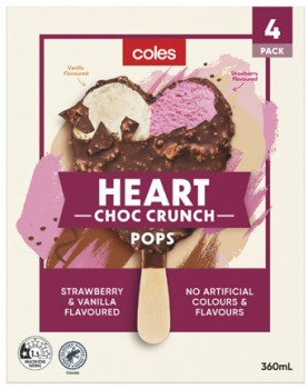 NEW+Coles+Strawberry+%26amp%3B+Vanilla+Heart+Choc+Crunch+Pops+4+Pack+360mL