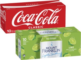 Coca-Cola+Soft+Drink+or+Mt+Franklin+Lightly+Sparkling+Water+10x375mL