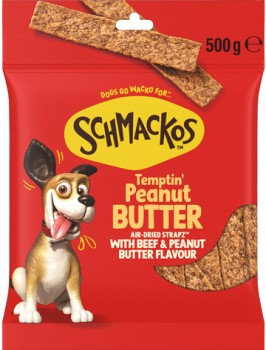 NEW-Schmackos-Strapz-Peanut-Butter-Dog-Treats-500g on sale