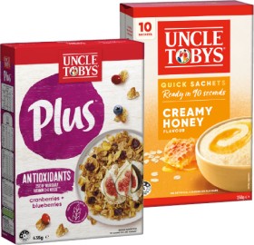 Uncle-Tobys-Plus-Cereal-410435g-or-Oats-Quick-Sachets-810-Pack-Selected-Varieties on sale