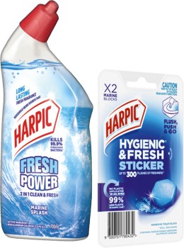 Harpic+Fresh+Power+Liquid+Toilet+Cleaner+700mL+or+Hygienic+%26amp%3B+Fresh+Sticker+Block+2+Pack%2A+Selected+Varieties