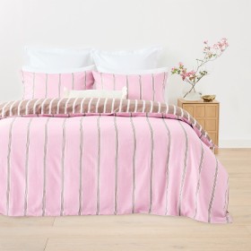 Stripe+Cotton+Linen+Reversible+Quilt+Cover+Set+-+Queen+Bed%2C+Pink+and+Mocha