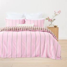 Stripe+Cotton+Linen+Reversible+Quilt+Cover+Set+-+Super+King+Bed%2C+Pink+and+Mocha