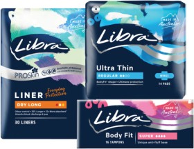 Libra-Liner-Dry-Long-30-Pack-Ultra-Thin-Regular-Pads-With-Wings-14-Pack-or-Tampons-Super-16-Pack on sale