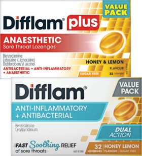 Difflam-Anaesthetic-Sore-Throat-Honey-Lemon-Flavour-or-Anti-Inflammatory-Antibacterial-Honey-Lemon-Flavour-32-Lozenges on sale