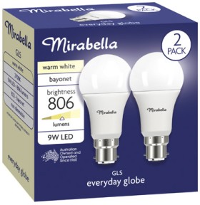 Mirabella-9W-GLS-LED-Light-Globes-2-Pack on sale