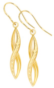 9ct+Gold+Diamond-Cut+Twist+Pointed+Hook+Drop+Earrings