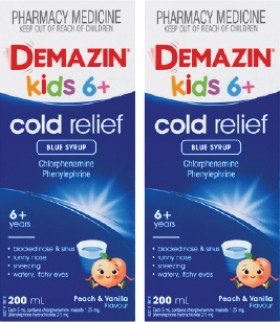 Demazin-Kid-6-Cold-Relief-Blue-Syrup-Peach-Vanilla-Flavour-200mL on sale