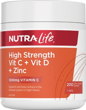 NEW+Nutra-+Life+High+Strength+Vit+C+%2B+Vit+D+%2B+Zinc+200+Tablets%2A