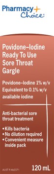 Pharmacy-Choice-Povidone-Iodine-Ready-To-Use-Sore-Throat-Gargle-120mL on sale