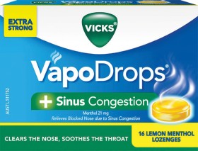 NEW-Vicks-Vapodrops-Sinus-Congestion-Sore-Throat-Lemon-Menthol-16-Lozenges on sale