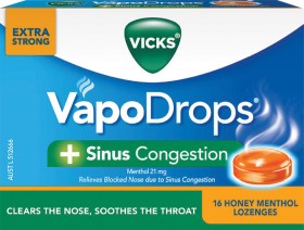 NEW-Vicks-Vapodrops-Sinus-Congestion-Sore-Throat-Honey-Menthol-16-Lozenges on sale