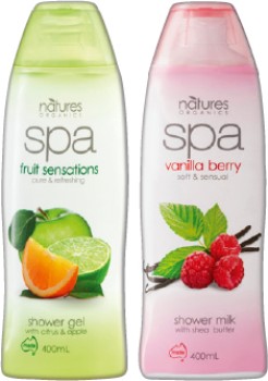 Natures+Organics+Spa+Shower+Milk+or+Gel+400mL+Selected+Varieties