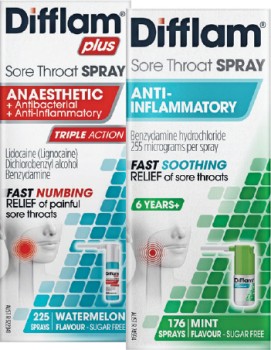 Difflam-Anaesthetic-Antibacterial-Anti-Inflammatory-Watermelon-Flavour-225-Sprays-or-Anti-Inflammatory-6-Years-Mint-Flavour-176-Sprays on sale