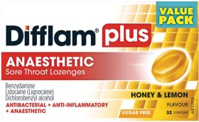 Difflam-Plus-Anaesthetic-Sore-Throat-Lozenges-Honey-Lemon-Flavour-32-Lozenges on sale