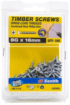 Zenith-8G-x-16mm-Zinc-Plated-Hinge-Long-Thread-Countersunk-Timber-Screws-Pack-of-100 on sale