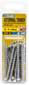 Zenith-10-8G-x-65mm-Galvanised-Rib-Head-Countersunk-Timber-Screws-Pack-of-10 on sale