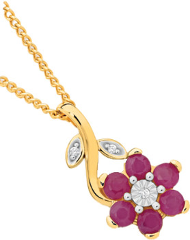 9ct+Gold+Natural+Ruby+%26amp%3B+Diamond+Flower+Slider+Pendant