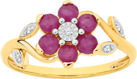 9ct-Gold-Natural-Ruby-Diamond-Flower-Ring on sale
