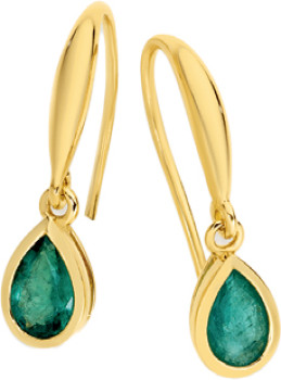 9ct+Gold+Natural+Emerald+Pear+Bezel+Drop+Hook+Earrings