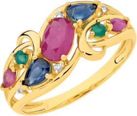 9ct+Gold+Natural+Multi+Gemstone+%26amp%3B+Diamond+Bypass+Swirl+Ring