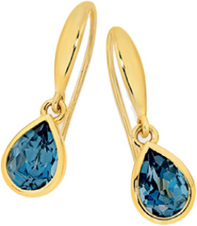 9ct+Gold+London+Blue+Topaz+Pear+Bezel+Drop+Hook+Earrings
