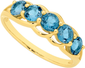 9ct+Gold+London+Blue+Topaz+Swirl+Split+Shoulder+Ring