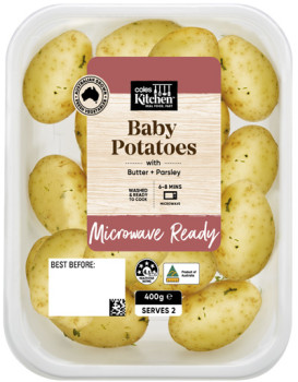 %EF%BB%BFColes+Kitchen+Baby+Potatoes+with+Herb+Butter+400g+Pack