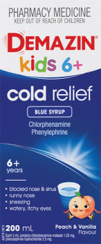 Demazin-Kids-6-Cold-Relief-Blue-Syrup-Peach-Vanilla-Flavour-200mL on sale