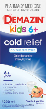 Demazin-Kids-6-Cold-Relief-Colour-Free-Syrup-Peach-Vanilla-Flavour-200mL on sale