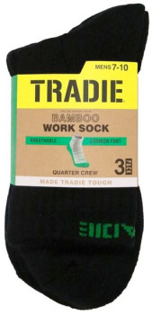 Tradie+Men%26%23039%3Bs+Black+Bamboo+Ribbed+3+Pack+Quarter+Crew+Socks+-+Size+7-10
