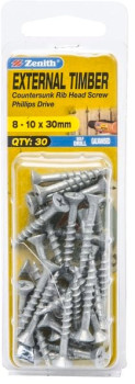Zenith+8-10G+x+30mm+Galvanised+Countersunk+Rib+Head+External+Timber+Screws%2C+Pack+of+30