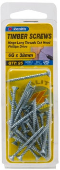 Zenith+6G+x+40mm+Zinc+Plated+Countersunk+Head+Timber+Screws%2C+Pack+of+25