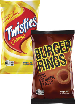 Twisties-or-Burger-Rings-65g-90g on sale
