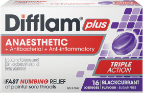 Difflam-Plus-Anaesthetic-Sore-Throat-Lozenge-Blackcurrant-Flavour-16-Pack on sale