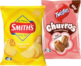 Smith%26rsquo%3Bs+Crinkle+Cut+Chips+150-170g%2C+Twisties+Cinnamon+Sugar+Churros+120g+or+Doritos+Corn+Chips+150-170g+Selected+Varieties