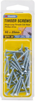 Zenith-6G-x-25mm-Zinc-Plated-Hinge-Long-Thread-Countersunk-Head-Timber-Screws-Pack-of-35 on sale