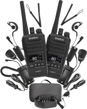 Uniden-5W-80CH-Handheld-Splash-Proof-UHF-Twin-Deluxe-Pack on sale