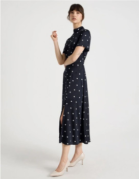 Basque-Short-Sleeve-Satin-High-Neck-Midi-Dress on sale
