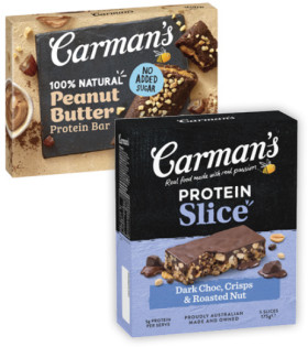 Carman%26%23039%3Bs+Protein+Slice+Dark+Choc+%26amp%3B+Roasted+Nut+175g+or+Protein+Peanut+Butter+Bars+180g
