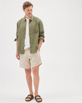 European-Linen-Long-Sleeve-Shirt-Olive-Green on sale