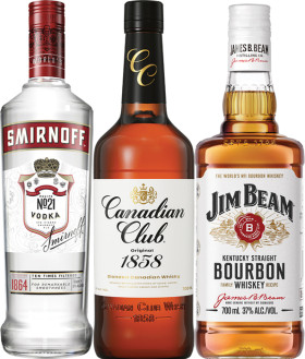 Smirnoff-Red-Label-Vodka-Canadian-Club-Original-Whisky-or-Jim-Beam-White-Label-Bourbon-700mL on sale